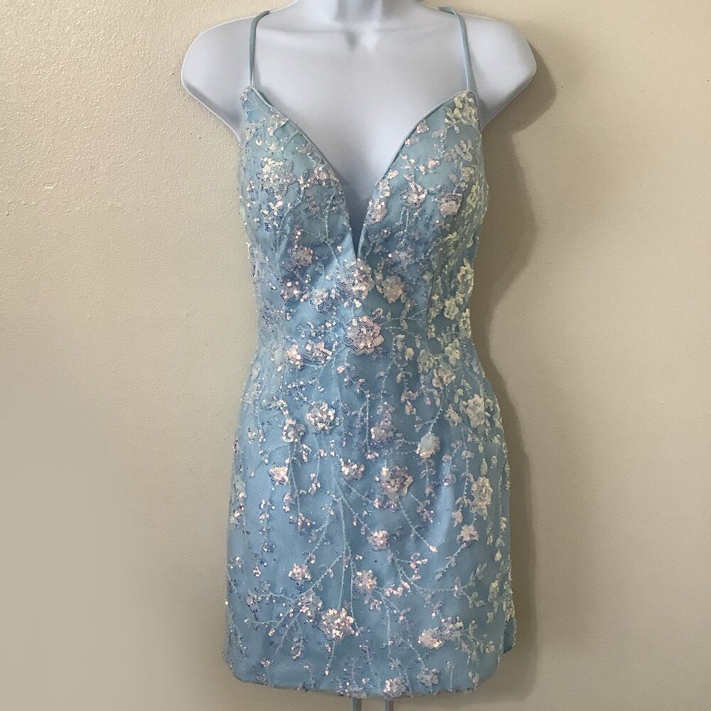 Embellished Light Blue Floral Mini Dress
